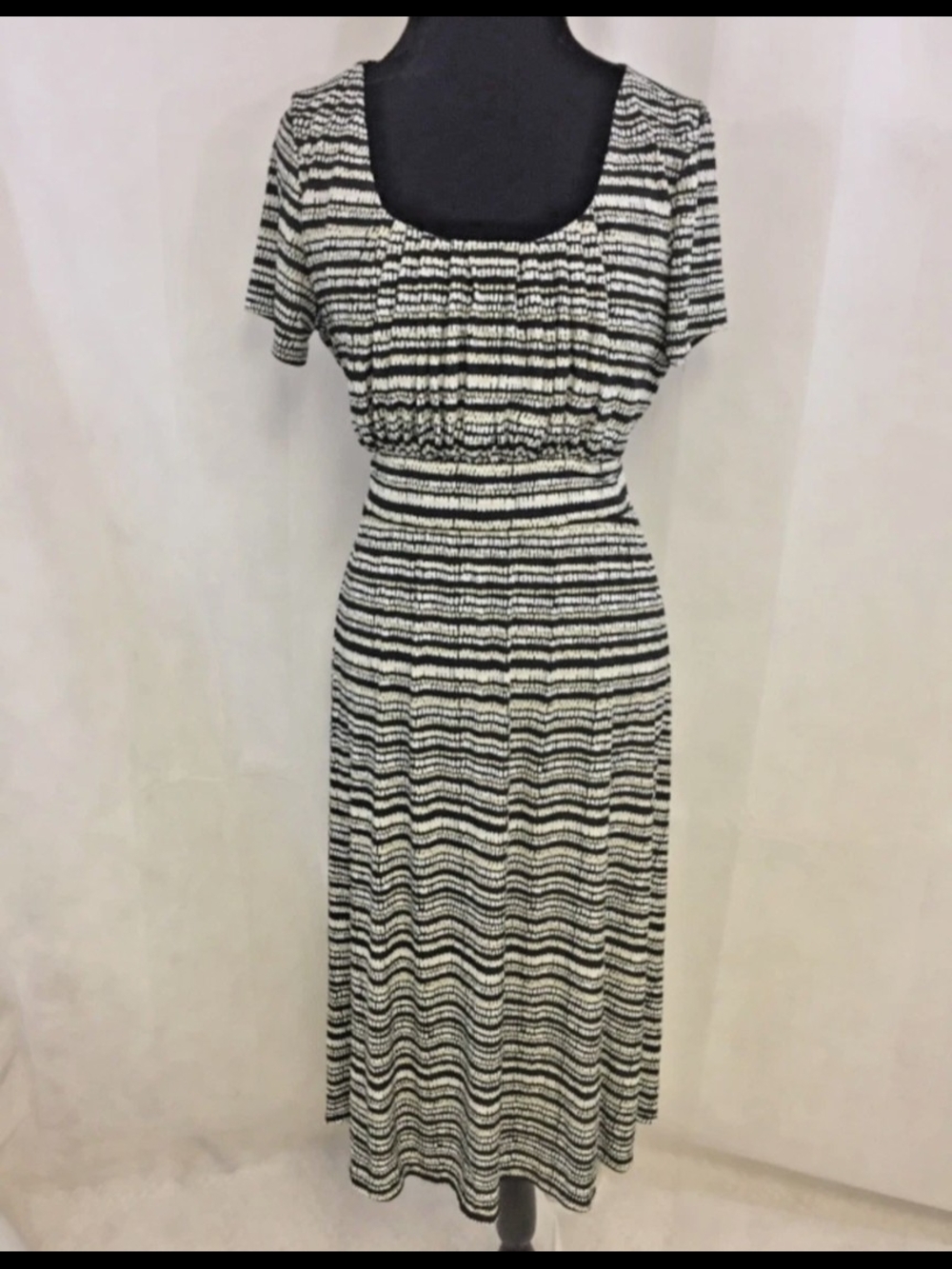 Striped Scoop Neck Midi Dress Size L Tie Back Cap Sleeves Abstract Geometric